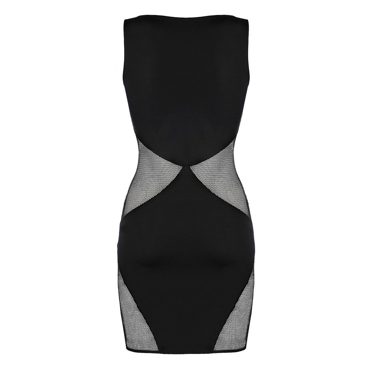 Axami V-9279 schwarzes Minikleid in Rückansicht mit transparenten Mesh-Partien und figurbetontem Schnitt