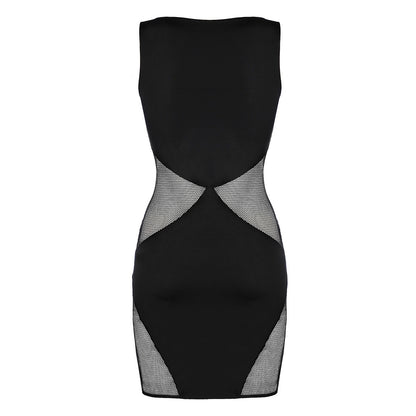 Axami V-9279 schwarzes Minikleid in Rückansicht mit transparenten Mesh-Partien und figurbetontem Schnitt