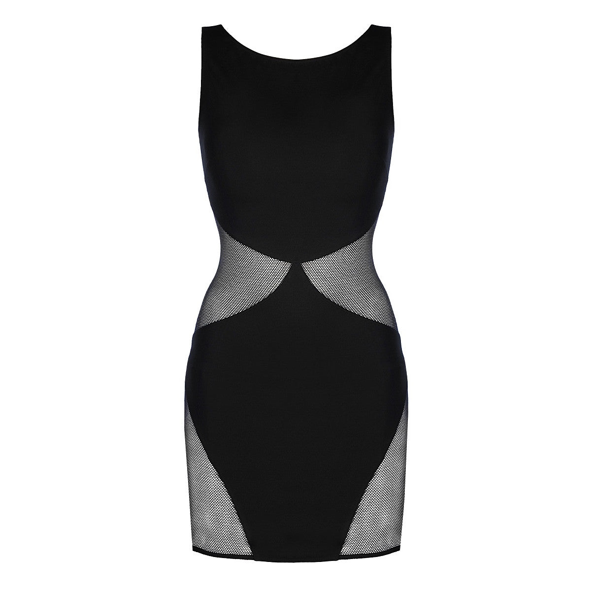 Axami V-9279 schwarzes Minikleid in Vorderansicht aus Mikrofaser und Mesh mit dreieckigen Cut-outs an Taille und Oberschenkel