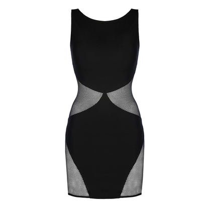 Axami V-9279 schwarzes Minikleid in Vorderansicht aus Mikrofaser und Mesh mit dreieckigen Cut-outs an Taille und Oberschenkel