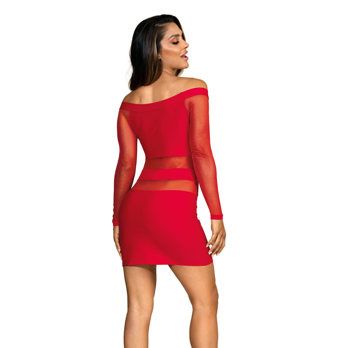 Axami V-9299 Party at Ibiza rotes figurbetontes Minikleid am Model in Rückansicht mit langen Ärmeln