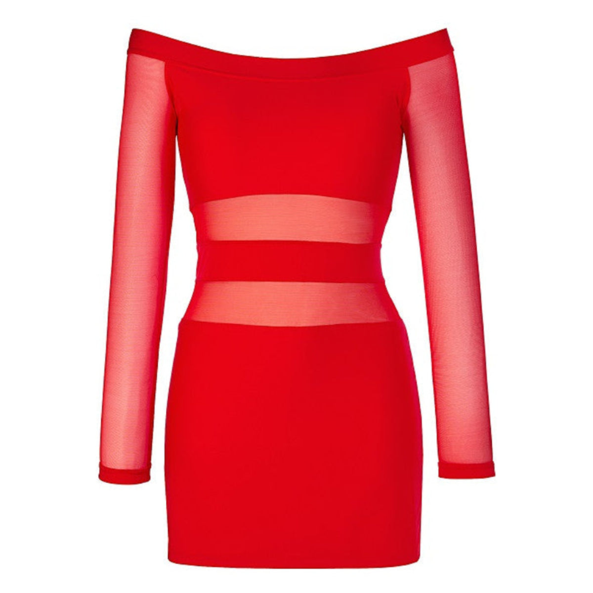 Axami V-9299 Party at Ibiza rotes langärmliges Minikleid in Vorderansicht mit transparenten Tülleinsätzen an Dekolleté und Taille