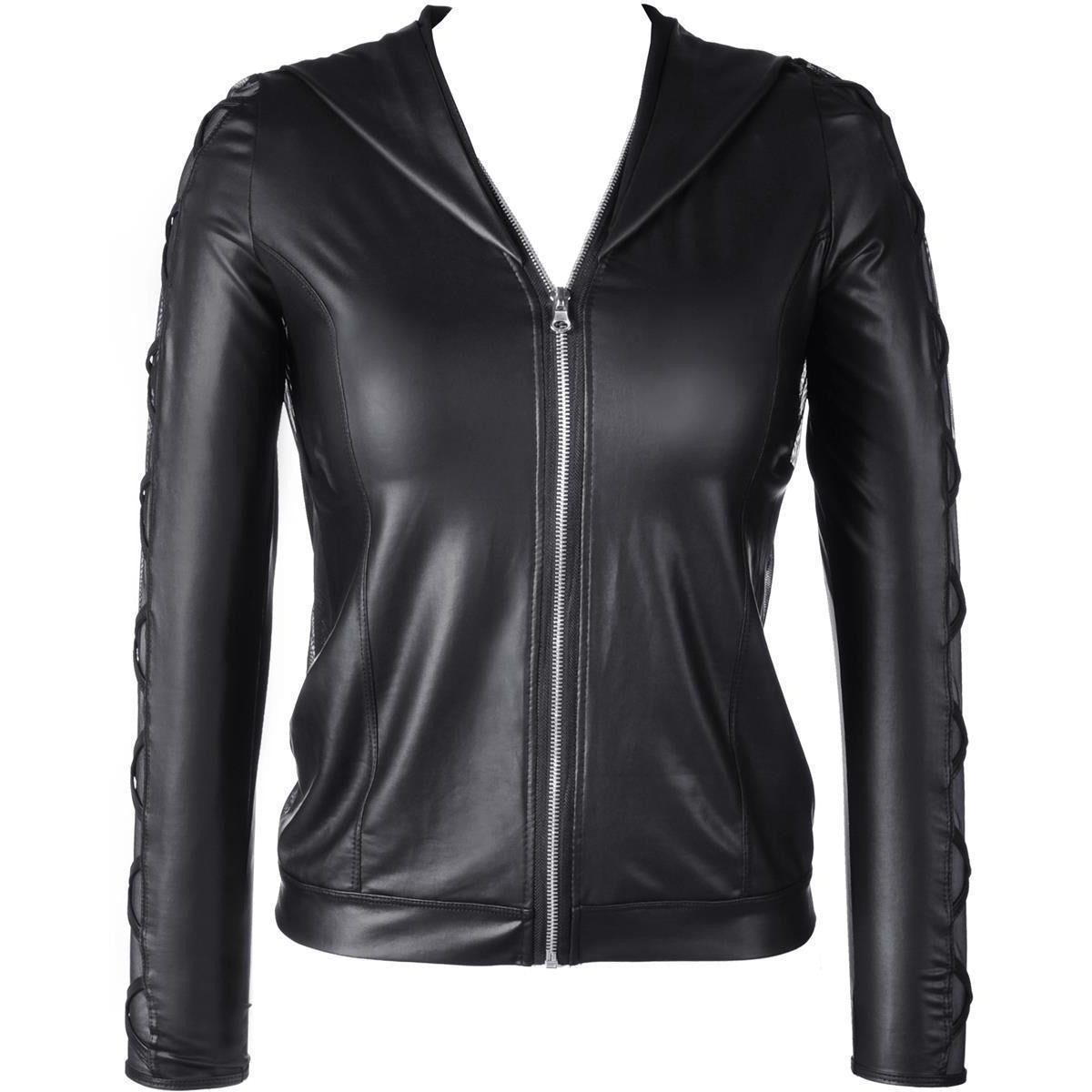 Axami V-9320 schwarze Wetlook-Bluse in Vorderansicht mit Frontreißverschluss und langen Ärmeln