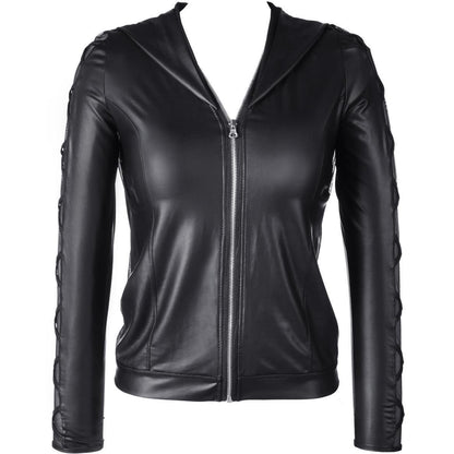 Axami V-9320 schwarze Wetlook-Bluse in Vorderansicht mit Frontreißverschluss und langen Ärmeln