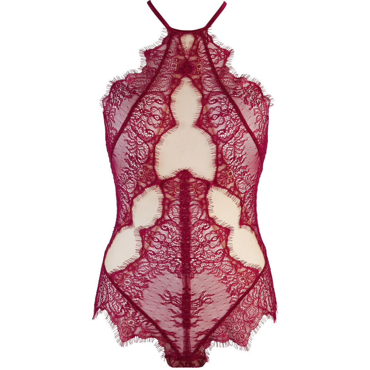 Axami V-9430 bordeauxfarbener Body in Vorderansicht mit floraler Spitze, Neckholder und mehreren transparenten Cut-outs