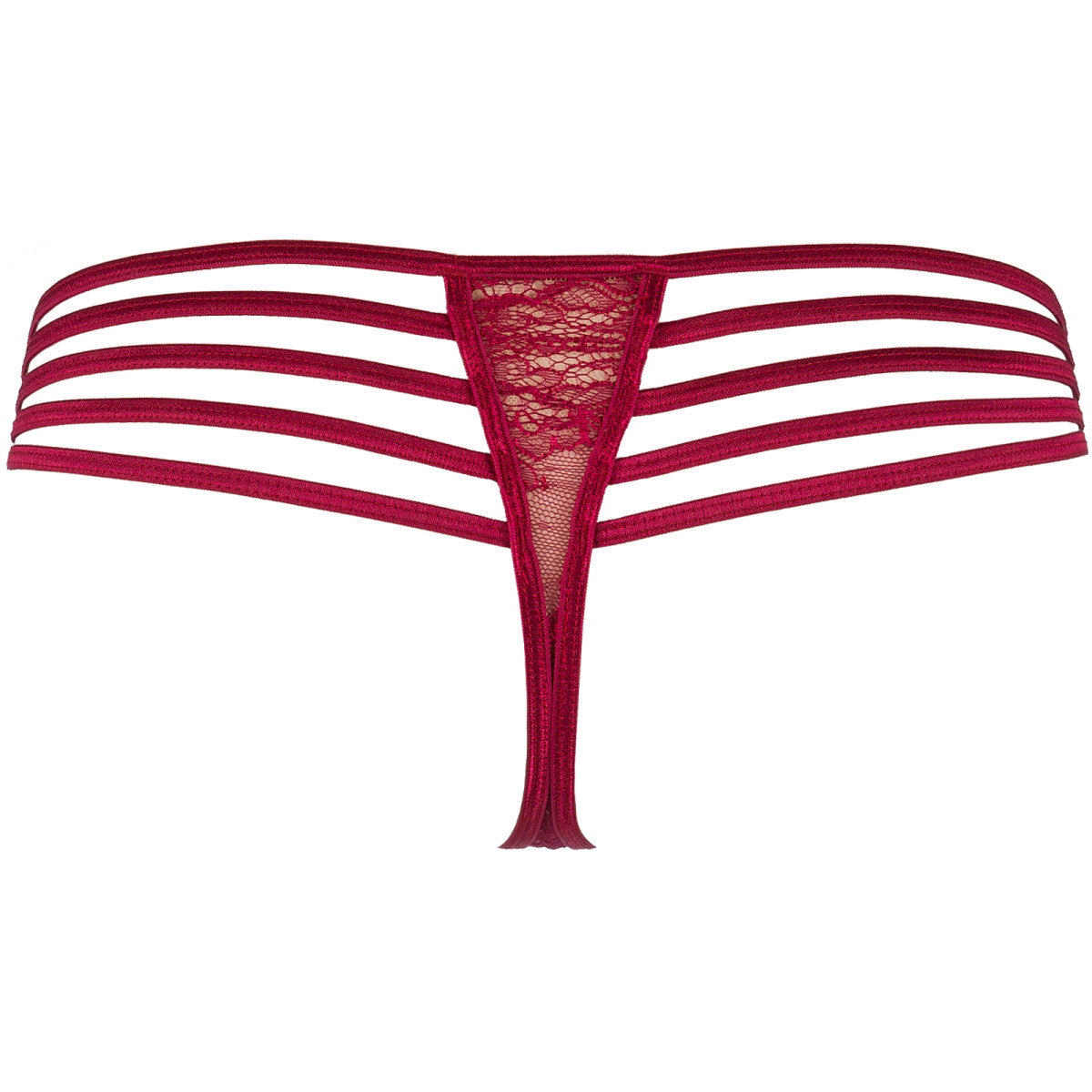 Axami V-9438 bordeauxfarbener Spitzen-String in Rückansicht mit mehreren horizontalen Riemen