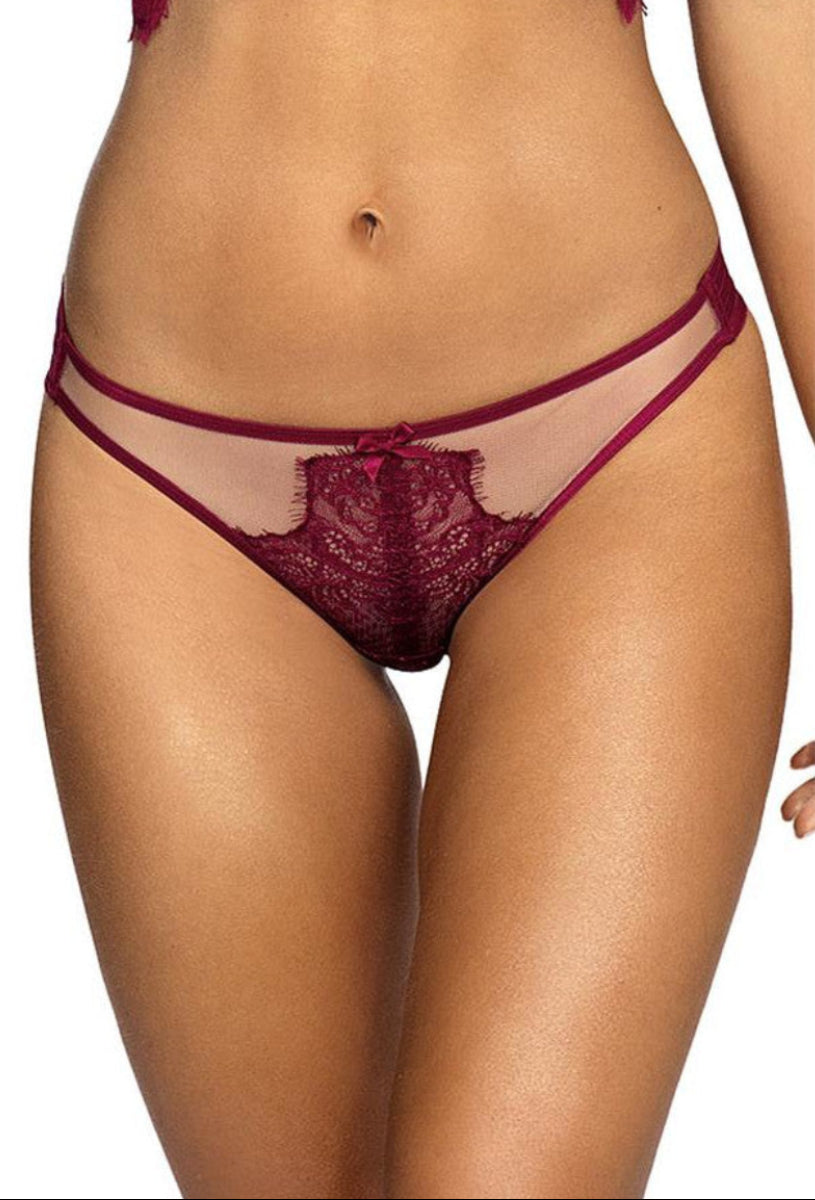 Axami V-9438 bordeauxfarbener String aus Spitze in naher Vorderansicht mit schmalen Seitenriemen