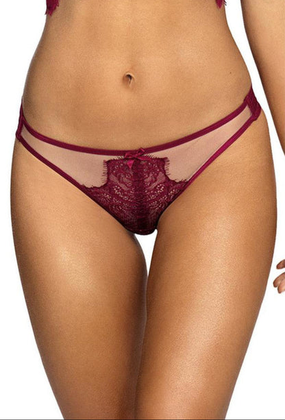 Axami V-9438 bordeauxfarbener String aus Spitze in naher Vorderansicht mit schmalen Seitenriemen