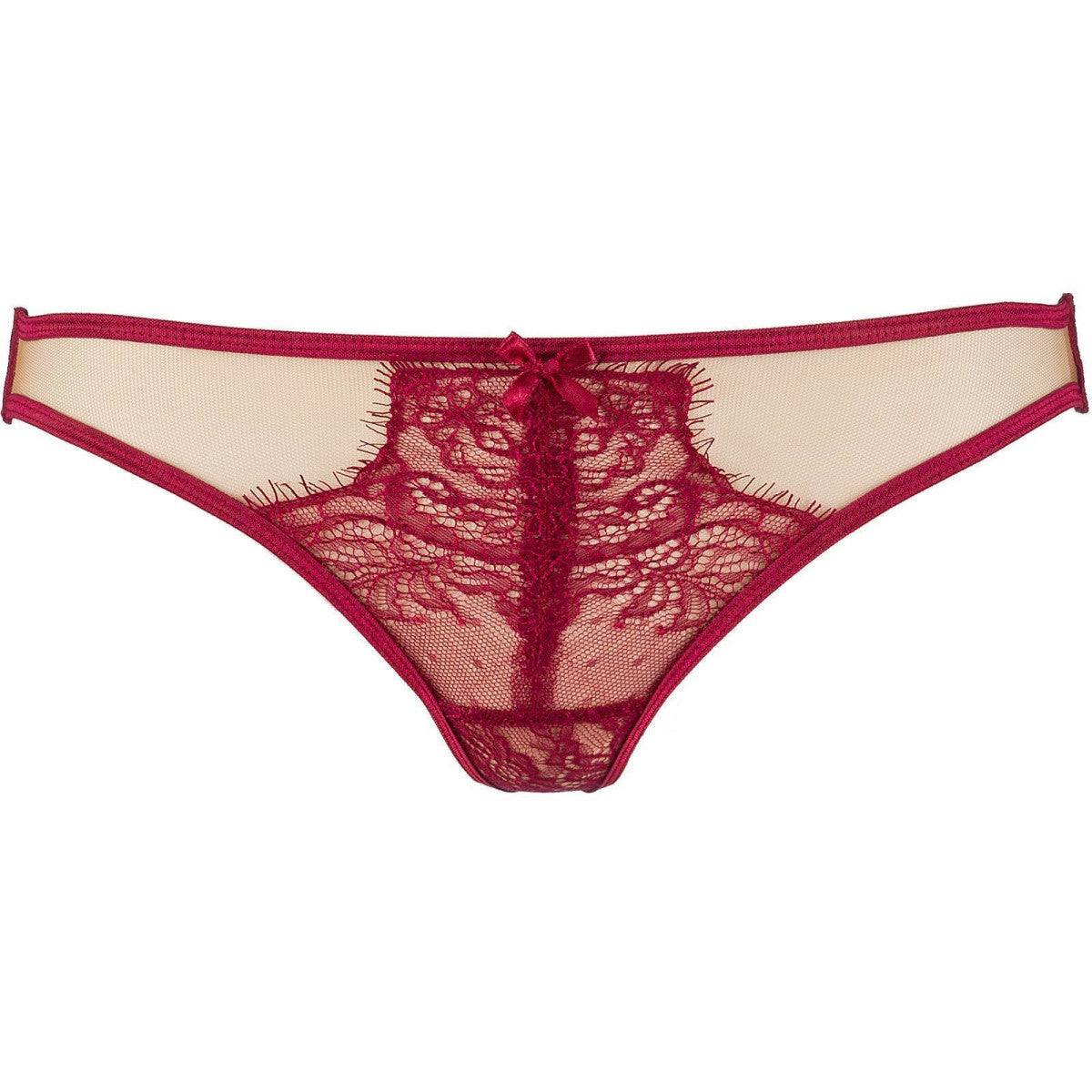 Axami V-9438 bordeauxfarbener String in Vorderansicht mit transparenter floraler Spitze und schmalem Bund