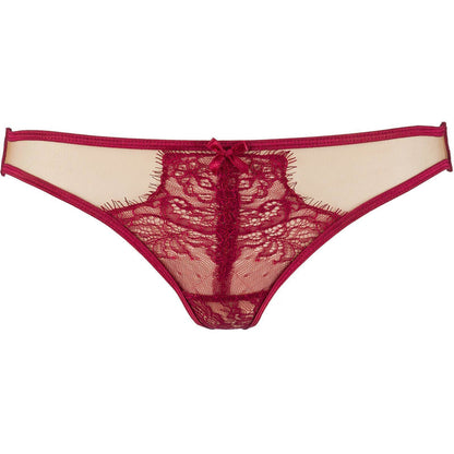 Axami V-9438 bordeauxfarbener String in Vorderansicht mit transparenter floraler Spitze und schmalem Bund