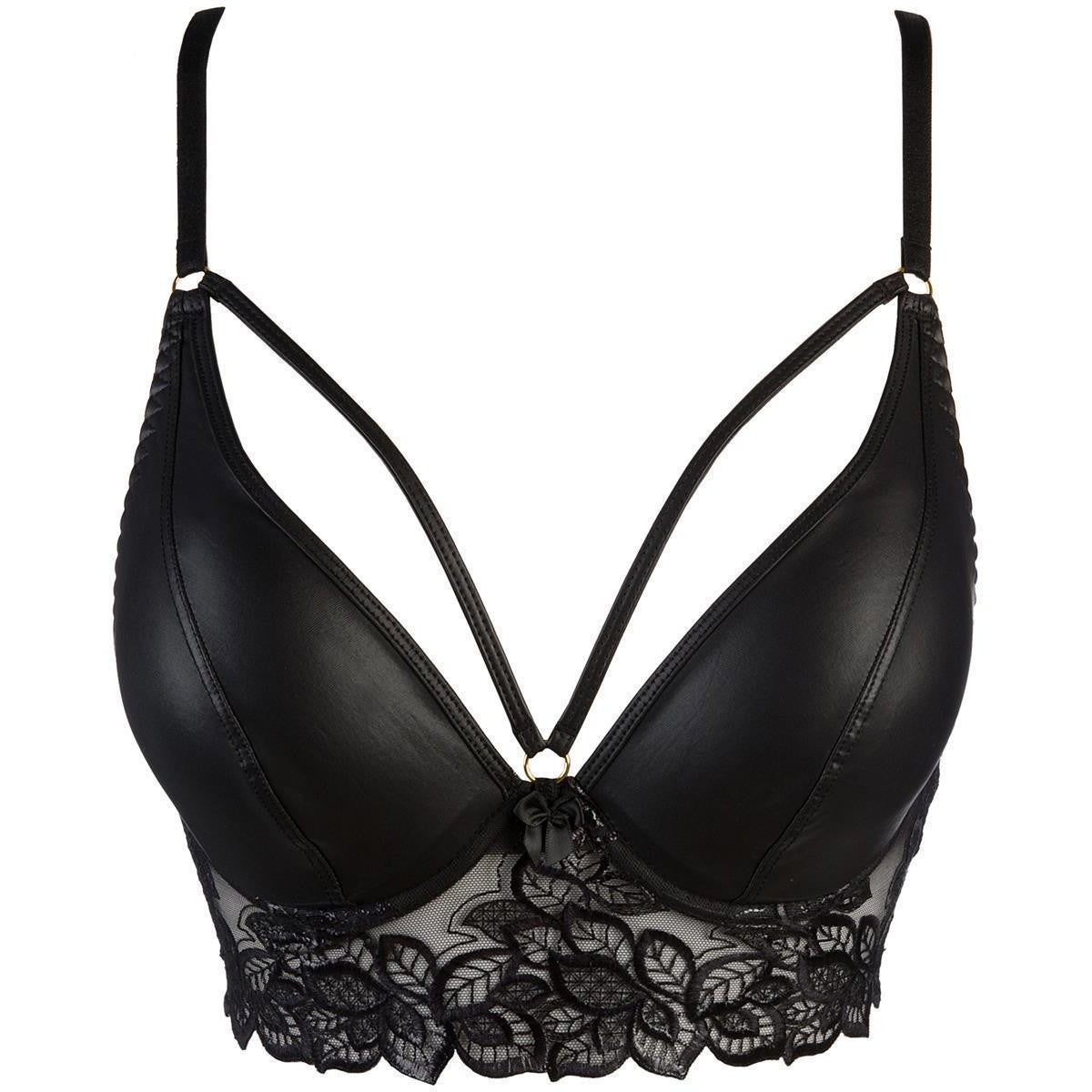 Axami V-9441 schwarzer Halbkorsett-BH in Vorderansicht mit glänzenden Wetlook-Cups, floraler Spitze und Zierträgern am Dekolleté