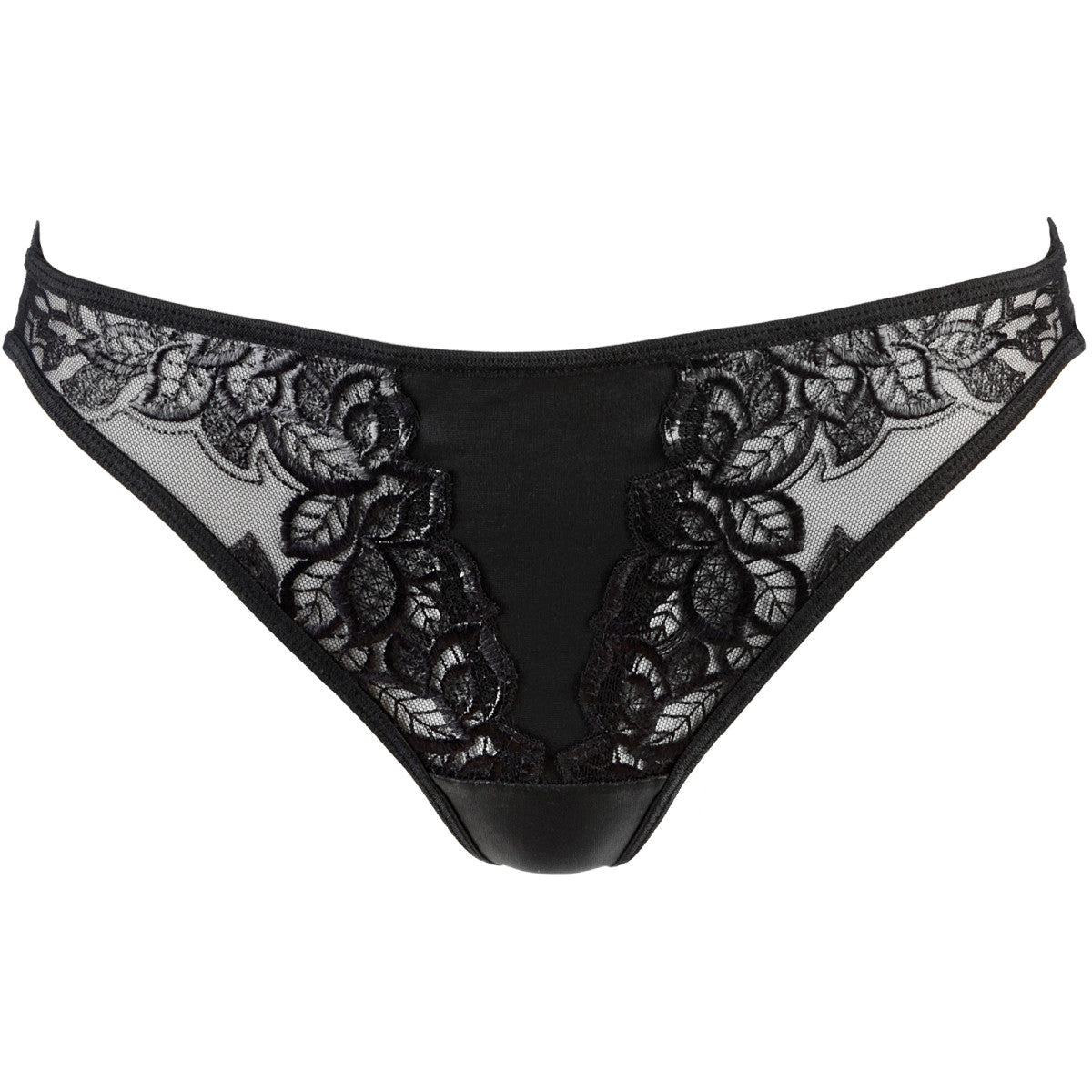 Axami V-9448 schwarzer String in Vorderansicht mit transparenter floraler Spitze und schmalen Seitenriemen