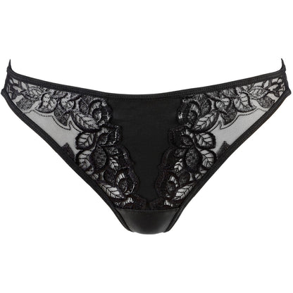 Axami V-9448 schwarzer String in Vorderansicht mit transparenter floraler Spitze und schmalen Seitenriemen