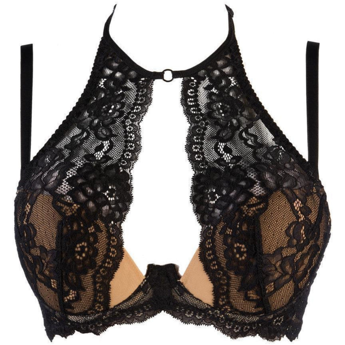 Axami V-9461 schwarzer Neckholder-BH in Vorderansicht mit floraler Spitze, gepolsterten Cups und dekorativem Spitzensteg