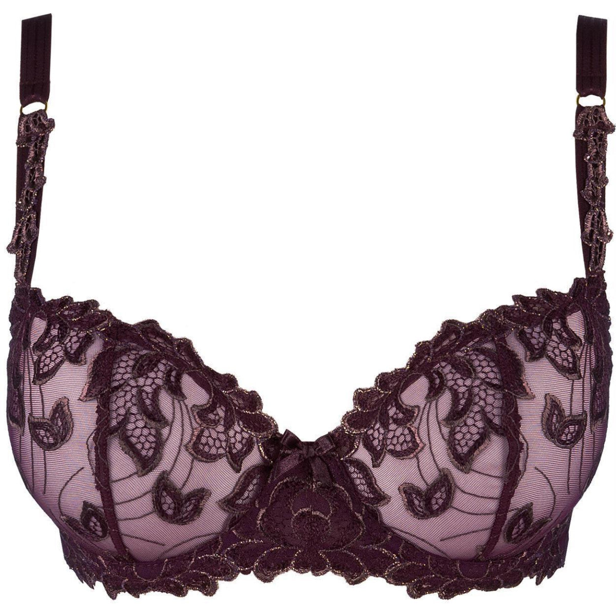 Axami V-9471 bordeauxfarbener Soft-BH in Vorderansicht mit floraler Spitze, Bügel-Cups und schmalen Trägern