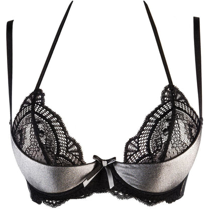 Axami V-9481 Neckholder-BH in Schwarz-Silber in Vorderansicht mit floraler Spitze, glänzenden Cups und Bügeln