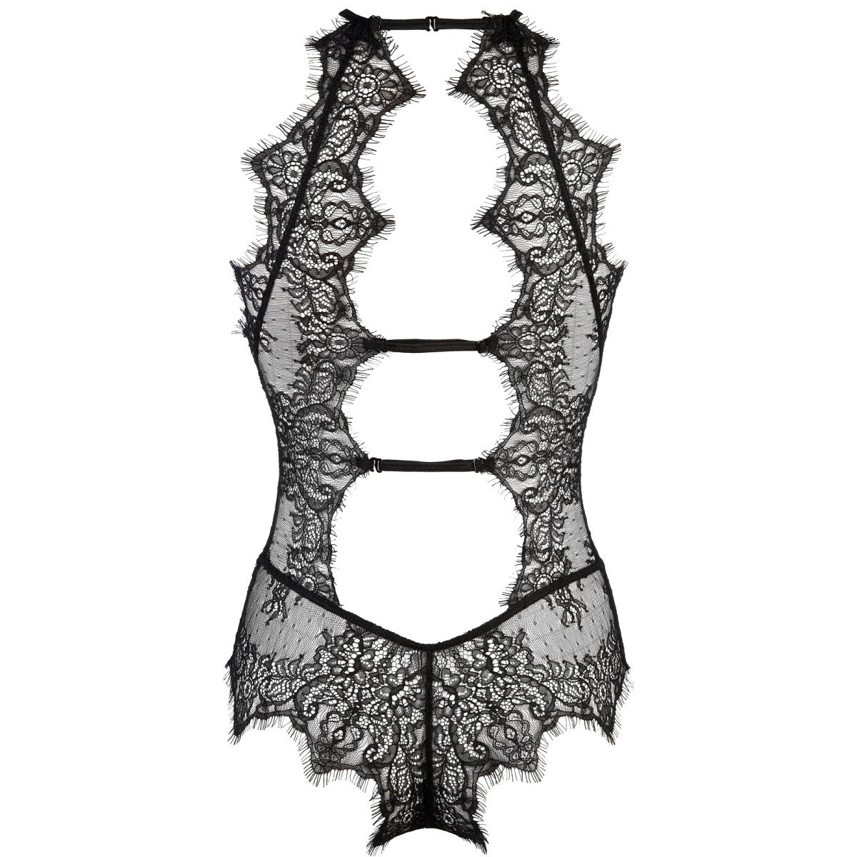 Axami V-9490 schwarz-beiger Spitzenbody in Rückansicht mit mehreren großen Cut-outs und Neckholder-Verschluss