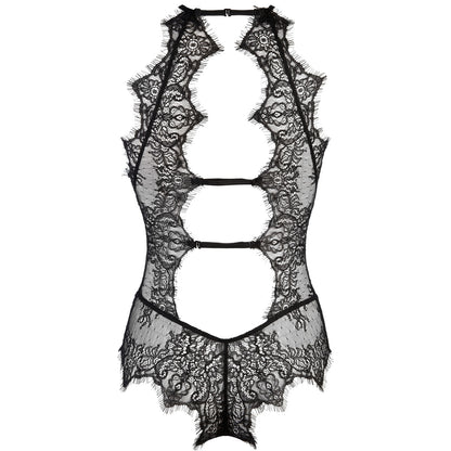 Axami V-9490 schwarz-beiger Spitzenbody in Rückansicht mit mehreren großen Cut-outs und Neckholder-Verschluss