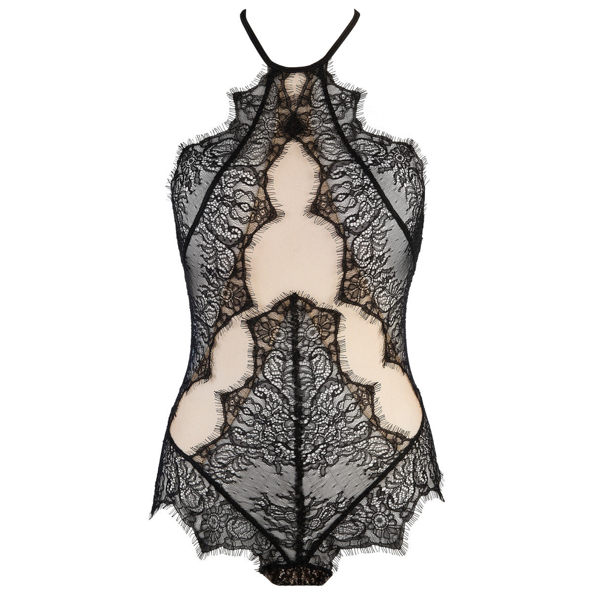 Axami V-9490 Body in Schwarz-Beige in Vorderansicht mit floraler Spitze, transparentem Tüll und offenem Dekolleté