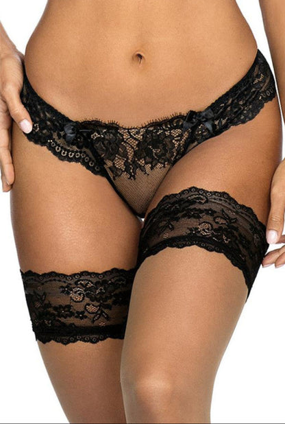Axami V-9498 Ambra String in Schwarz-Beige in Detailansicht von vorne mit transparenter floraler Spitze