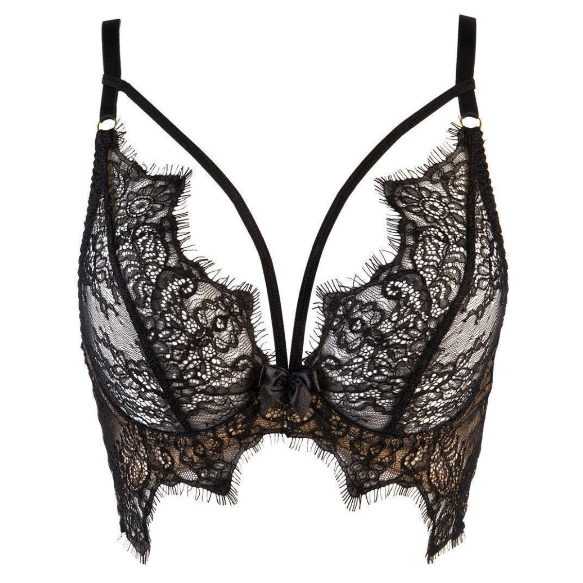 Axami V-9501 Halbkorsett-BH in Schwarz-Beige in Vorderansicht mit Blütenspitze, Bügel-Cups und dekorativen Riemen am Dekolleté