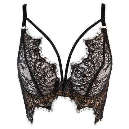 Axami V-9501 Halbkorsett-BH in Schwarz-Beige in Vorderansicht mit Blütenspitze, Bügel-Cups und dekorativen Riemen am Dekolleté