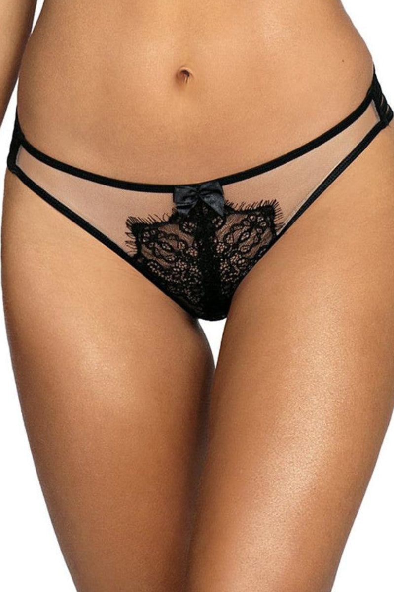 Axami V-9508 schwarz-beiger Spitzenstring in naher Vorderansicht am Model mit floraler Spitze und schmalen Seitenriemen