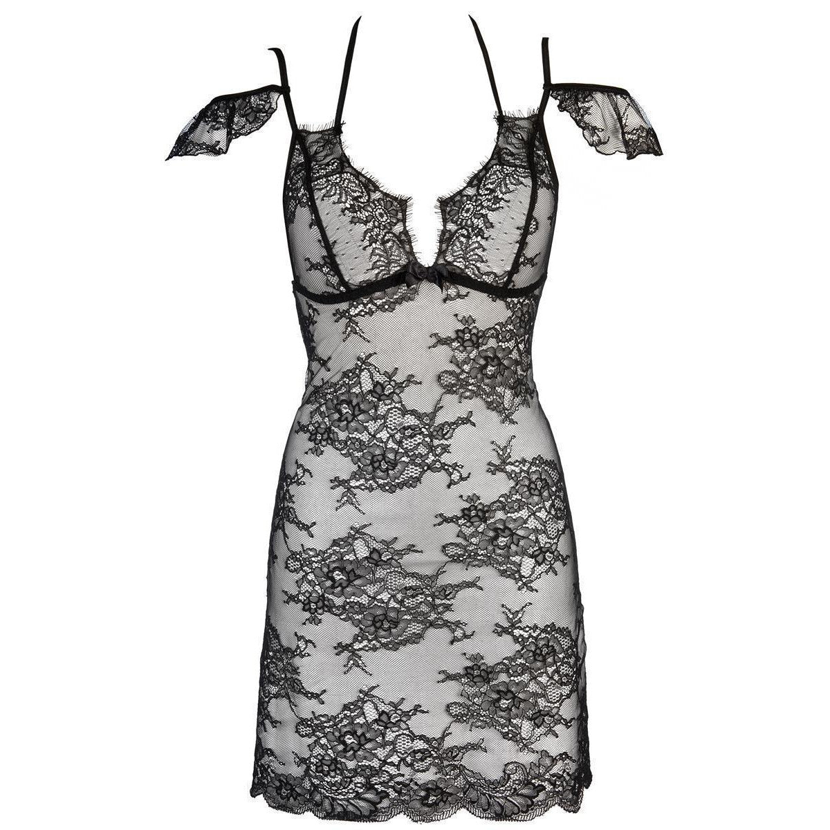 Axami V-9509 schwarzes Spitzen-Babydoll in Rückansicht mit transparentem Material und offenem Neckholder-Design