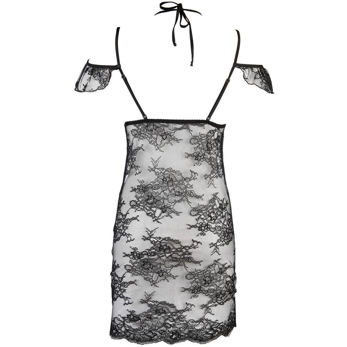 Axami V-9509 schwarzes Babydoll in Vorderansicht aus transparenter floraler Spitze mit tiefem Ausschnitt und Neckholder