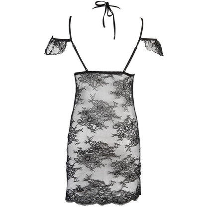 Axami V-9509 schwarzes Babydoll in Vorderansicht aus transparenter floraler Spitze mit tiefem Ausschnitt und Neckholder