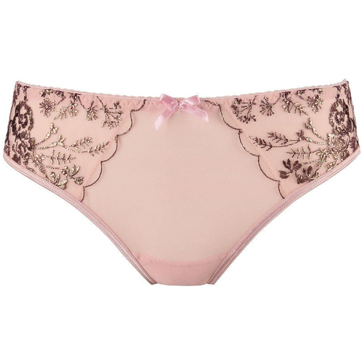 Axami V-9513 pinkfarbener Tüll-Panty in Vorderansicht mit transparentem Tüll und goldfarbenen floralen Verzierungen