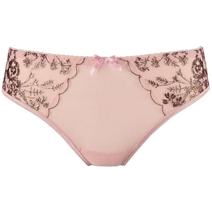 Axami V-9513 pinkfarbener Tüll-Panty in Vorderansicht mit transparentem Tüll und goldfarbenen floralen Verzierungen