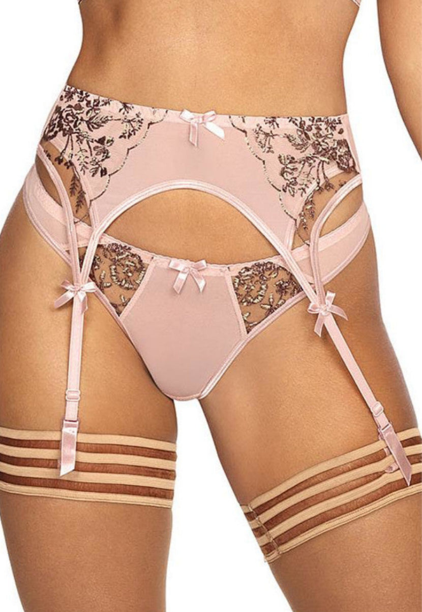 Axami V-9522 eleganter Strumpfgürtel in Pink aus feinem Tüll in detaillierter Vorderansicht am Model