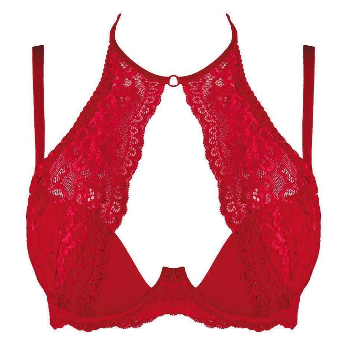 Axami V-9531 Summer Love roter Push-up-BH in Vorderansicht mit floraler Spitze und asymmetrischem Dekolleté
