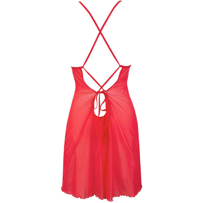 Axami V-9559 rotes Babydoll in Rückansicht mit gekreuzten Trägern und transparentem Tüll