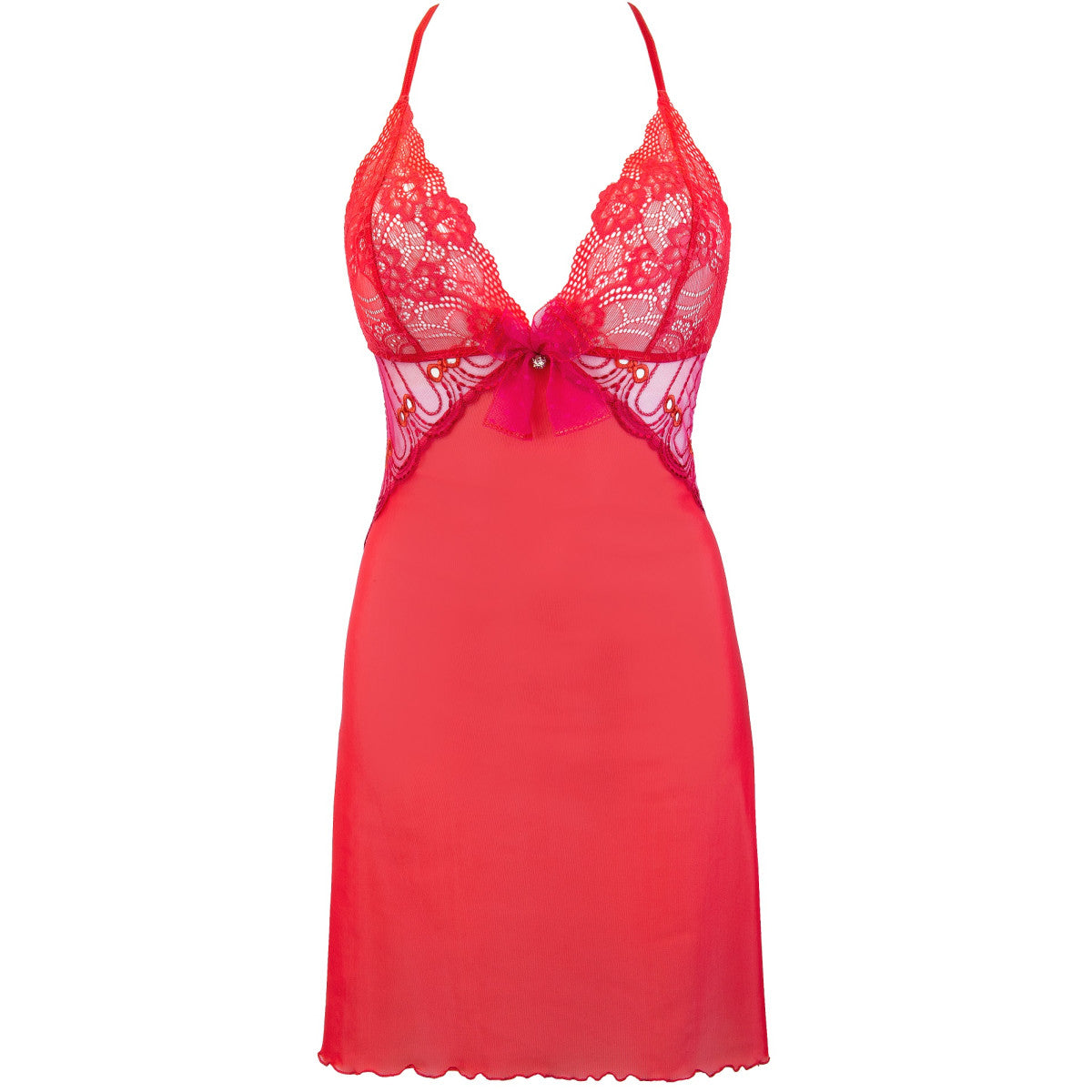 Axami V-9559 rotes Babydoll in Vorderansicht mit Spitzen-Cups, tiefem Ausschnitt und transparentem Tüll