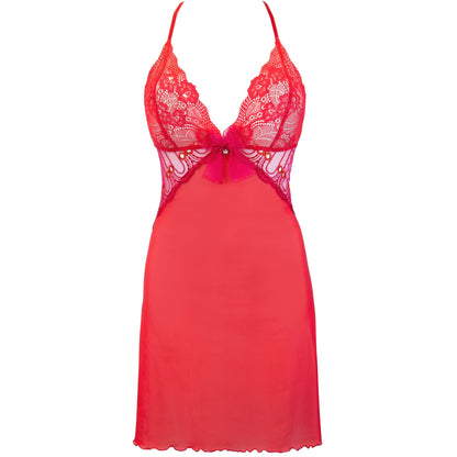 Axami V-9559 rotes Babydoll in Vorderansicht mit Spitzen-Cups, tiefem Ausschnitt und transparentem Tüll