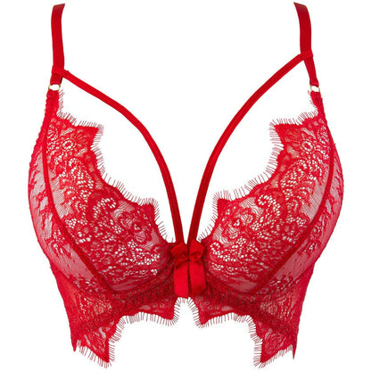 Axami V-9581 roter Halbkorsett-BH in Vorderansicht mit transparenten Spitzen-Cups, Bügeln und dekorativen Details