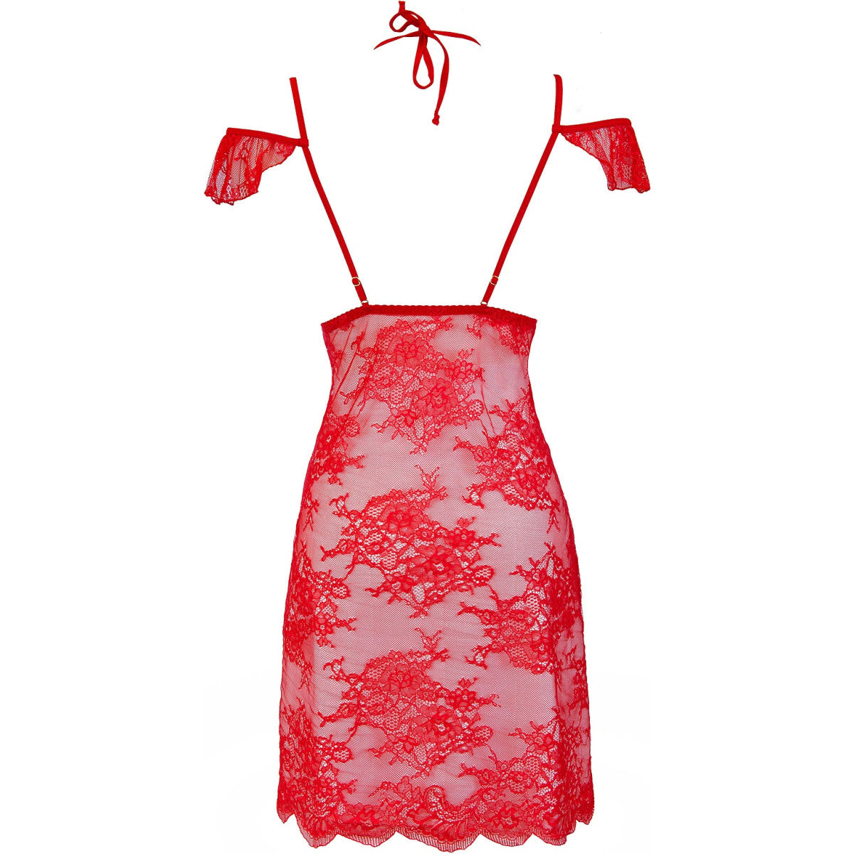 Axami V-9589 rotes Spitzen-Babydoll in Rückansicht mit Neckholder-Bindung und transparentem Netzmaterial