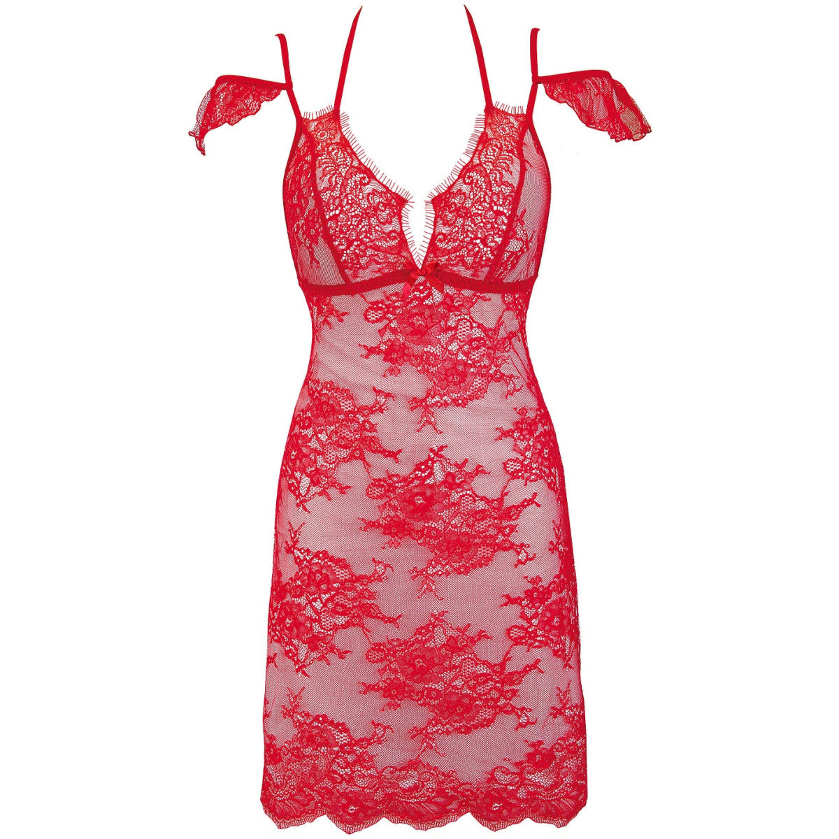 Axami V-9589 rotes Babydoll in Vorderansicht mit floraler Spitze, tiefem Ausschnitt und Neckholder-Bindung