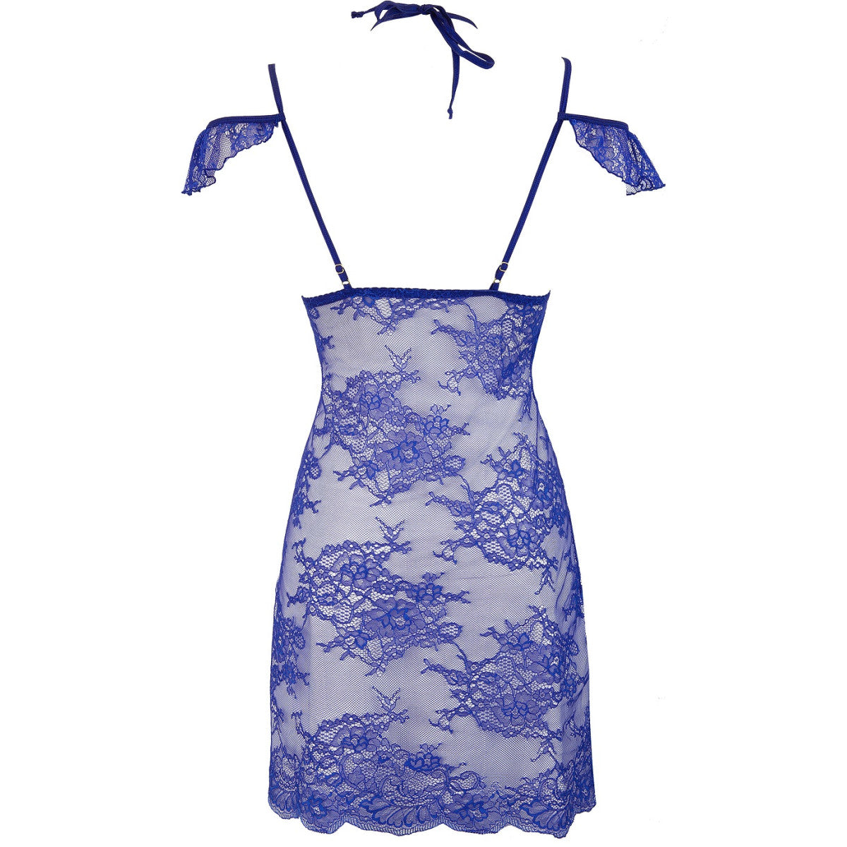 Axami V-9609 blaues Spitzen-Babydoll in Rückansicht mit Neckholder-Bindung und transparentem Spitzenmaterial