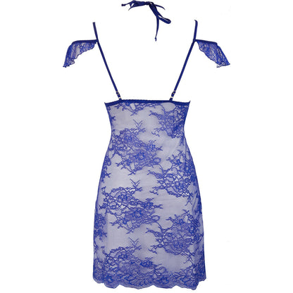 Axami V-9609 blaues Spitzen-Babydoll in Rückansicht mit Neckholder-Bindung und transparentem Spitzenmaterial
