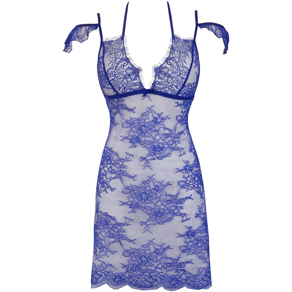 Axami V-9609 blaues Babydoll in Vorderansicht mit transparenter floraler Spitze, tiefem Ausschnitt und Neckholder-Bindung