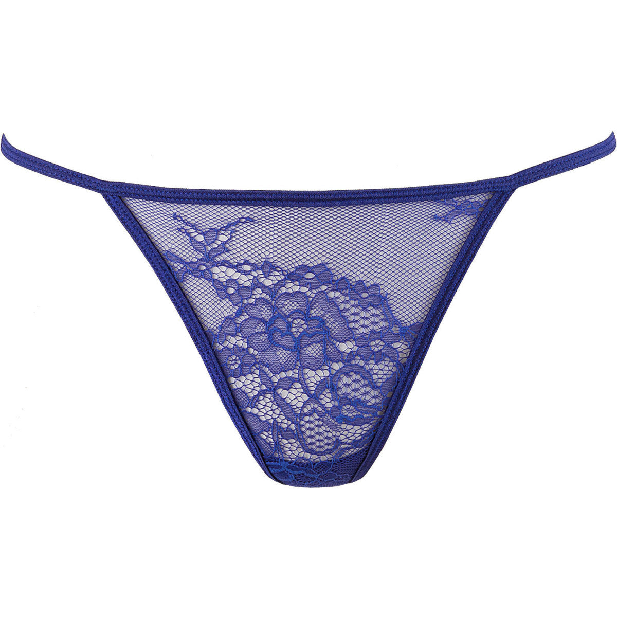 Axami V-9609 blauer String in Vorderansicht mit transparenter floraler Spitze als passendes Unterteil zum Babydoll