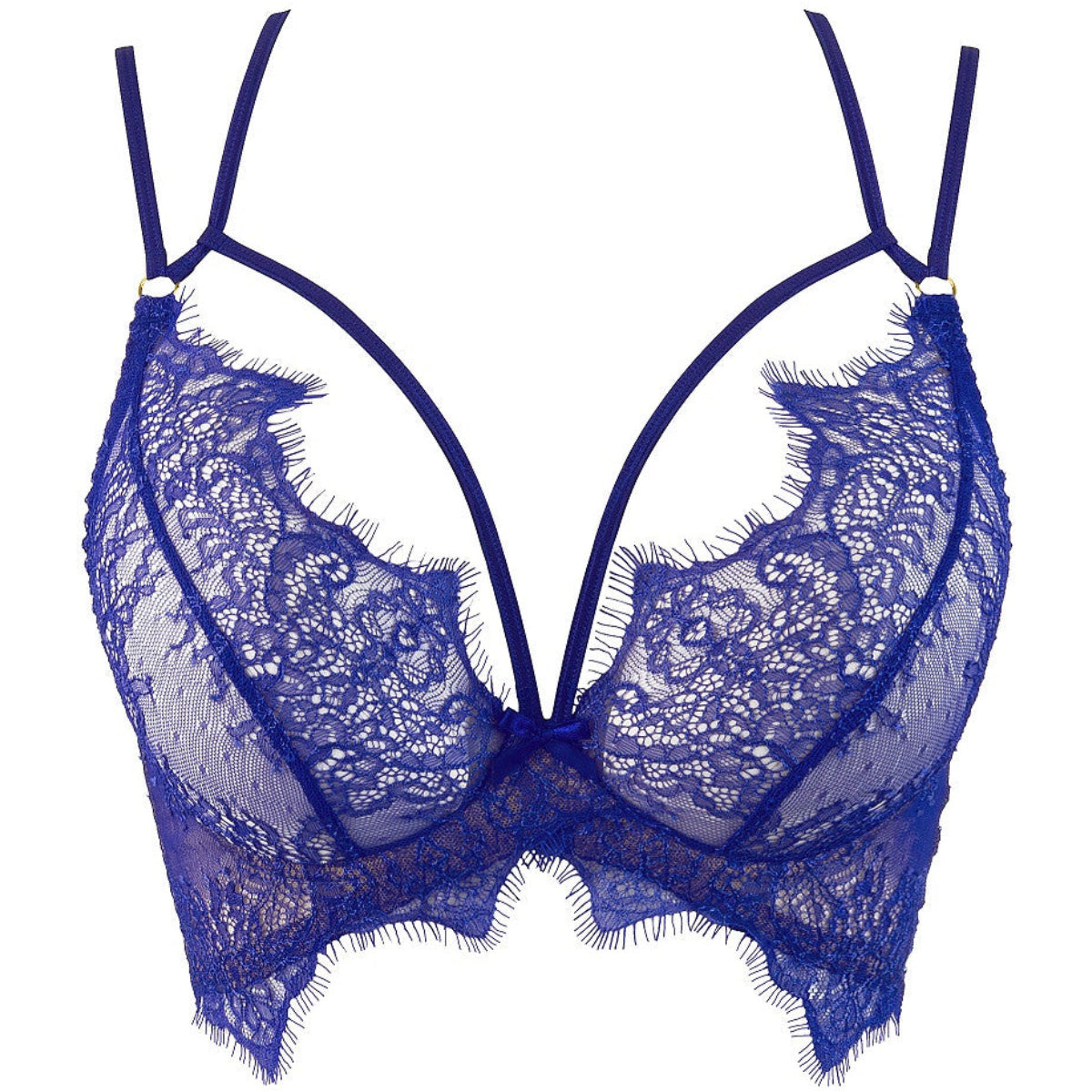 Axami V-9611 blauer Halbkorsett-BH in Vorderansicht mit floraler Spitze und dekorativen Trägern am Dekolleté