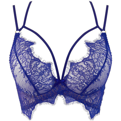Axami V-9611 blauer Halbkorsett-BH in Vorderansicht mit floraler Spitze und dekorativen Trägern am Dekolleté