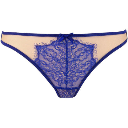 Axami V-9618 blauer String in Vorderansicht mit floraler Spitze und beigefarbenem transparentem Tüll
