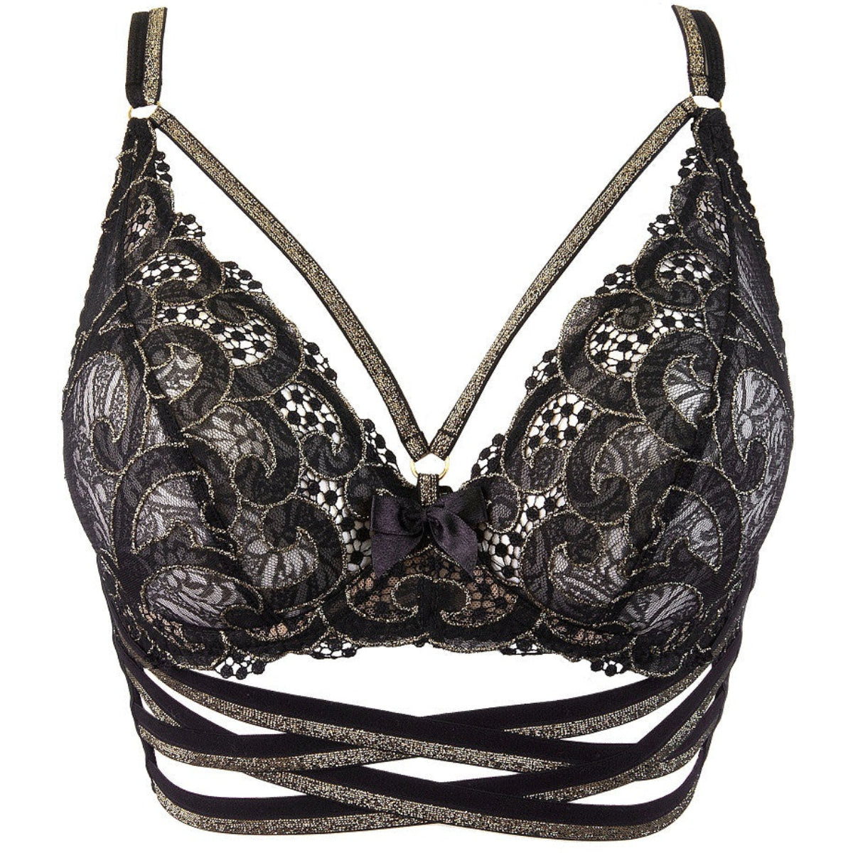 Axami V-9621 schwarzes Bustier in Vorderansicht mit glänzendem Material und dekorativen Riemchen am Dekolleté