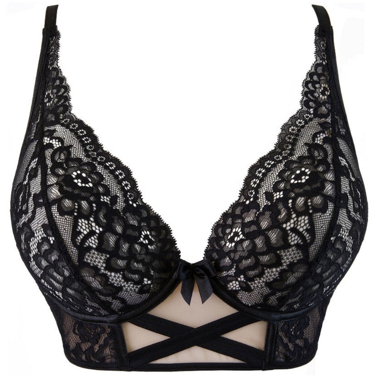 Axami V-9631 schwarzes Bustier in Vorderansicht aus Blütenspitze und Tüll mit geformten Cups und dekorativen Details