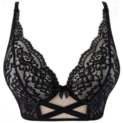 Axami V-9631 schwarzes Bustier in Vorderansicht aus Blütenspitze und Tüll mit geformten Cups und dekorativen Details